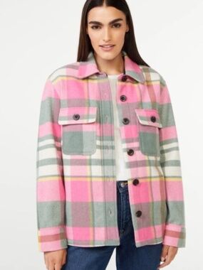 FREE ASSEMBLY PINK/GREY PLAID WOOL/Poly Shacket Heavy size Large